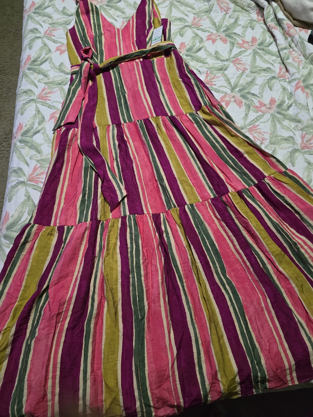 Taylor Pink, Green & Yellow Striped Tiered Maxi Dress with Waist Tie - Picture 3 of 12
